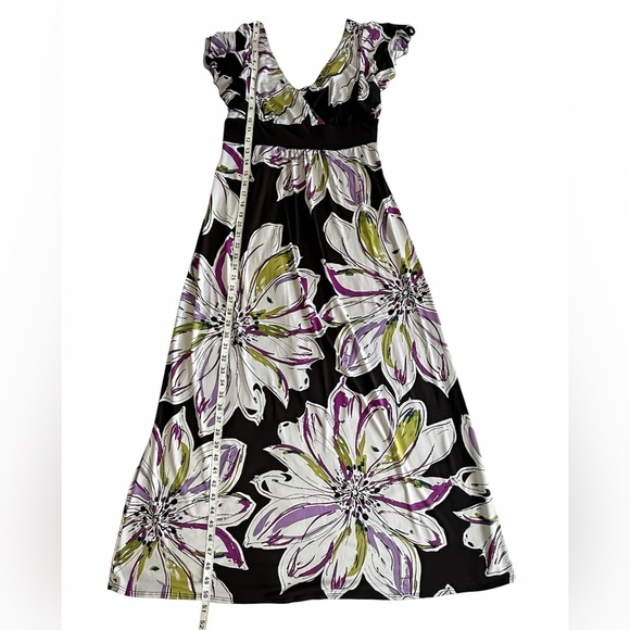 Dressbarn Maxi Dress 6 Black Purple Floral Print Empire Waist Flutter Sleeve - Picture 8 of 8